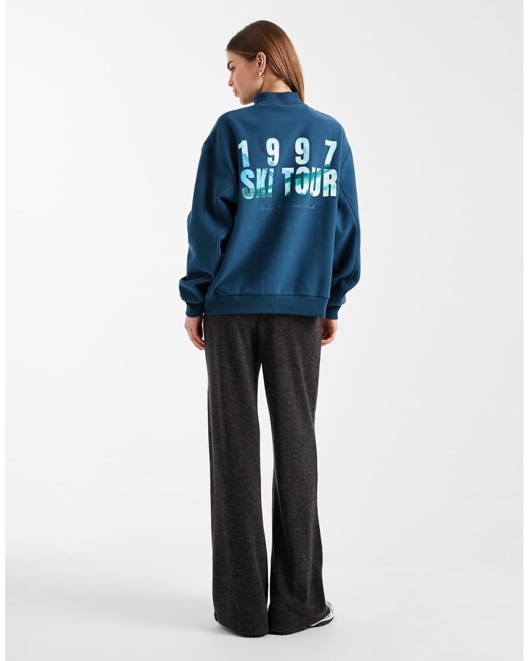 Cotton On Blue Plush Mock Neck Sweatshirt With Ski Tour Graphic