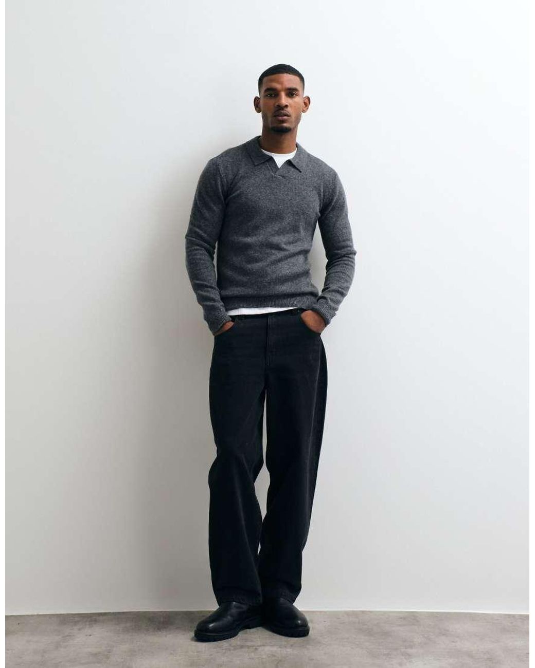Blend Blue Knitted Collared Wool-mix Jumper for men