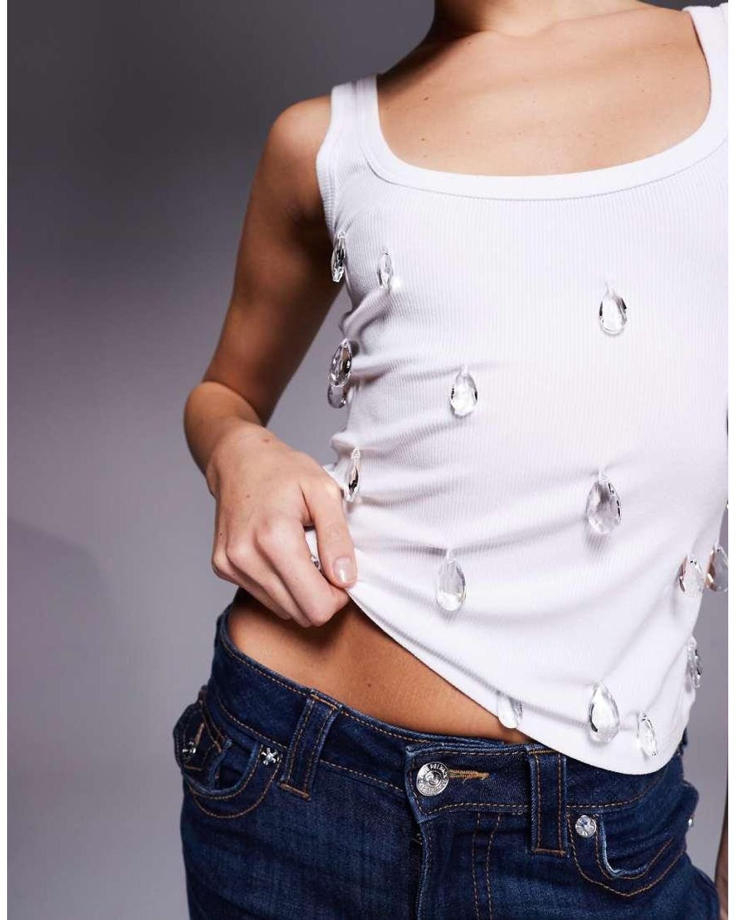 Edikted Blue Zelana Faux Crystal Ribbed Tank Top