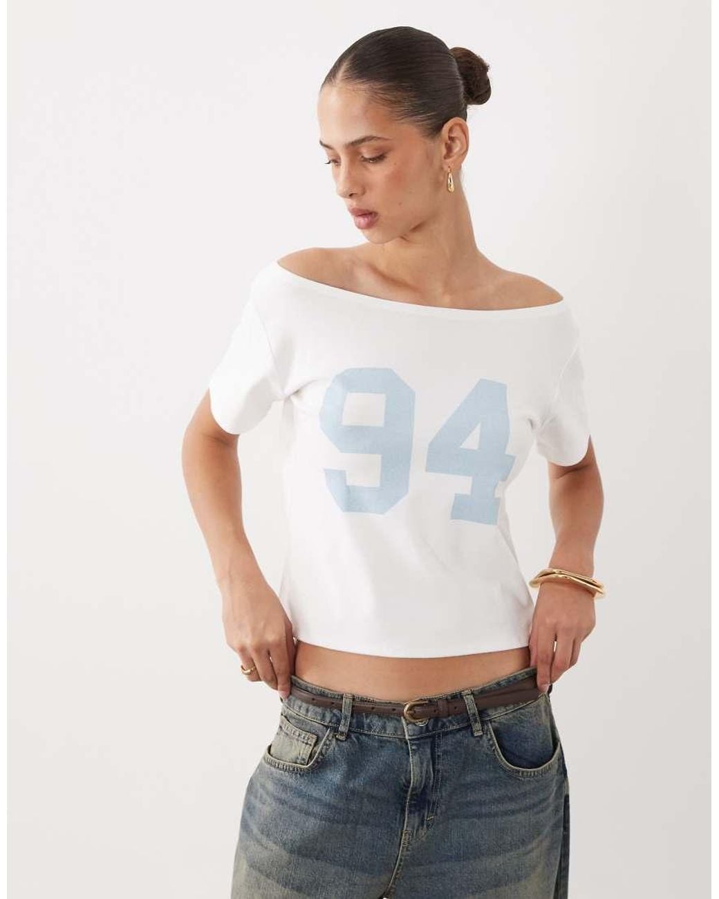 Cotton On White Sporty Off Shoulder Graphic Tee
