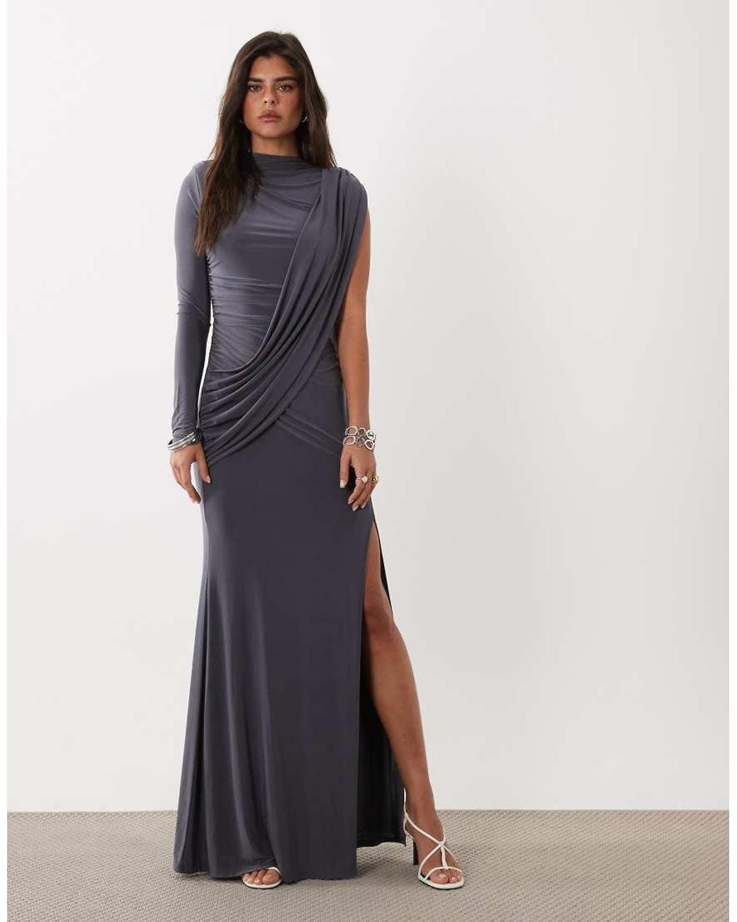 ASOS Gray One Shoulder Slinky Maxi Dress With Sweeping Sash Detail