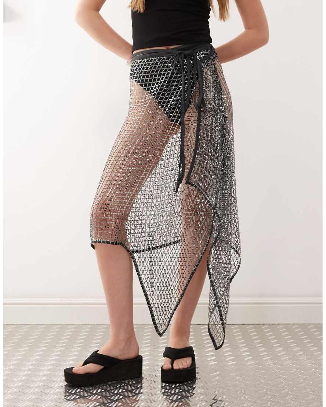 Weekday Natural Sequin Net Wrap Midi Skirt