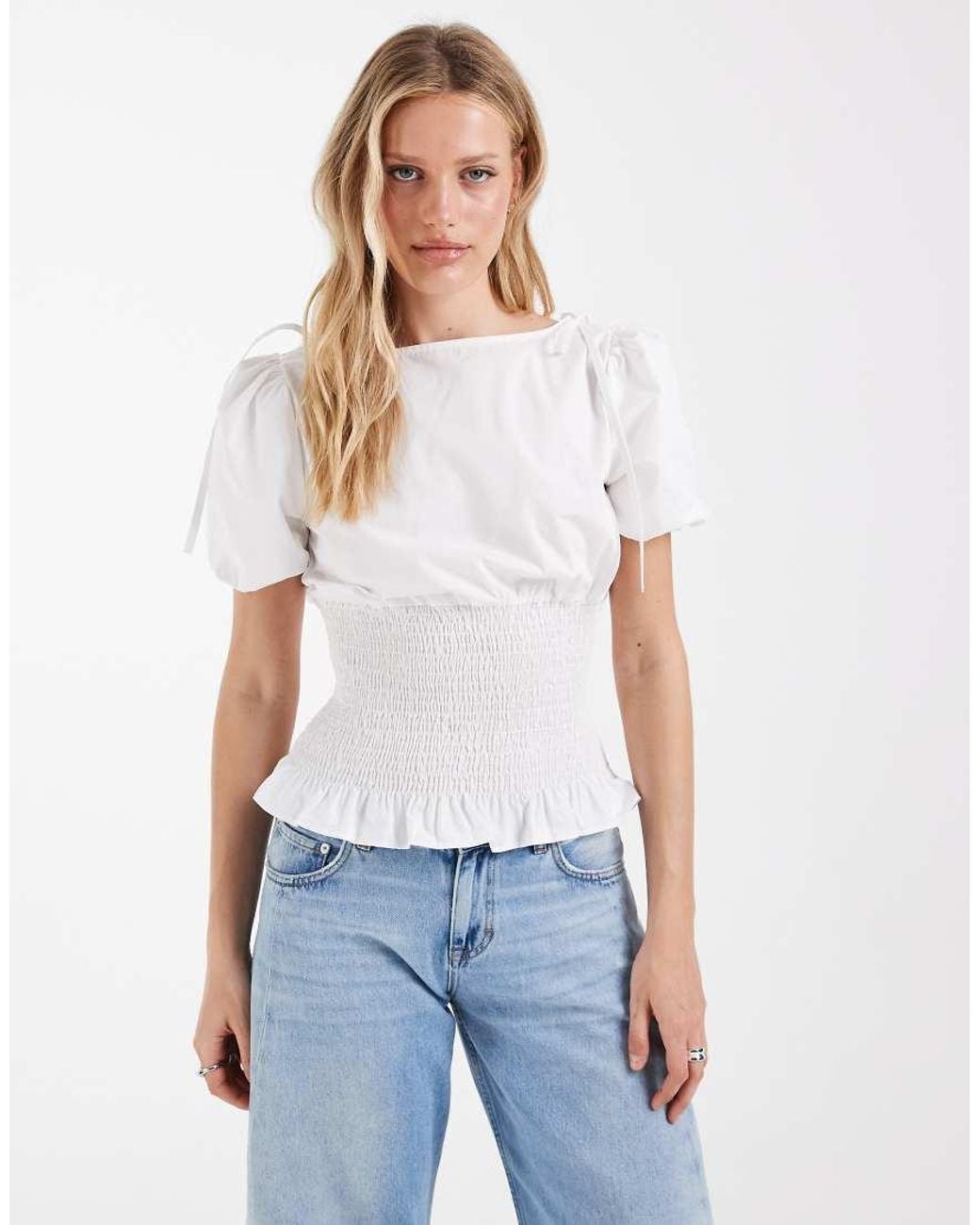 ASOS White Puff Sleeve With Shirred Bodice