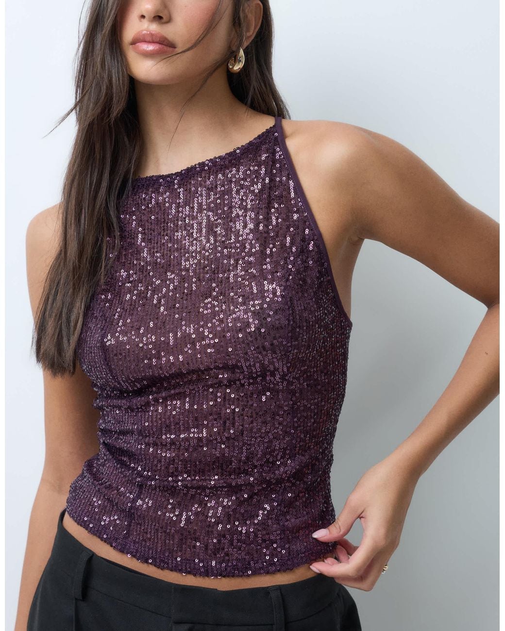 ASOS Purple Sequin High Neck Cami With Open Back