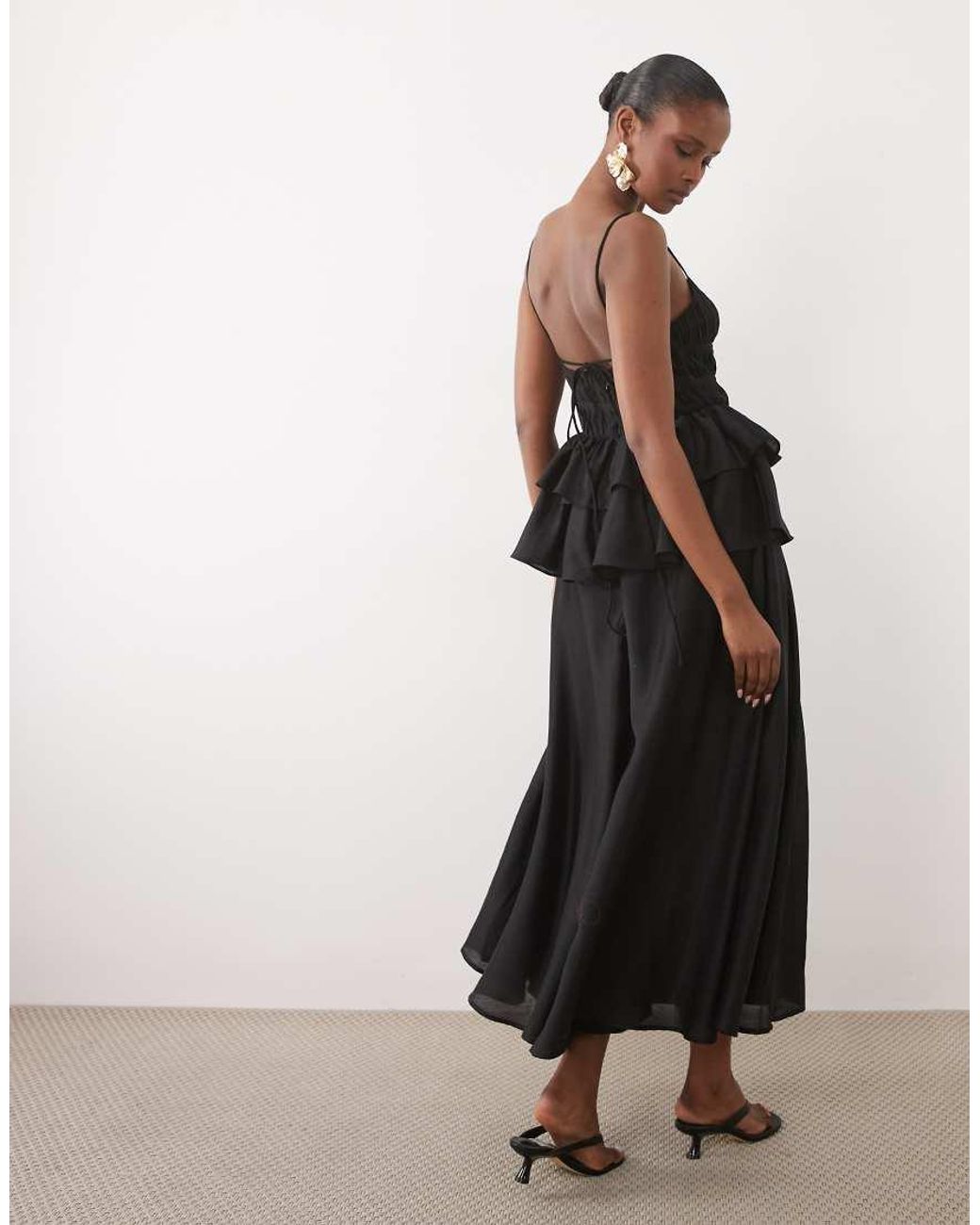 ASOS Black Pleated Bodice Maxi Dress With Tiered Waist