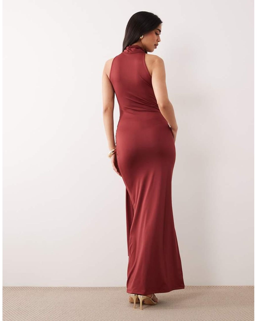Aria Cove Red Double Sculpted Slinky High Neck Drape Front Maxi Dress