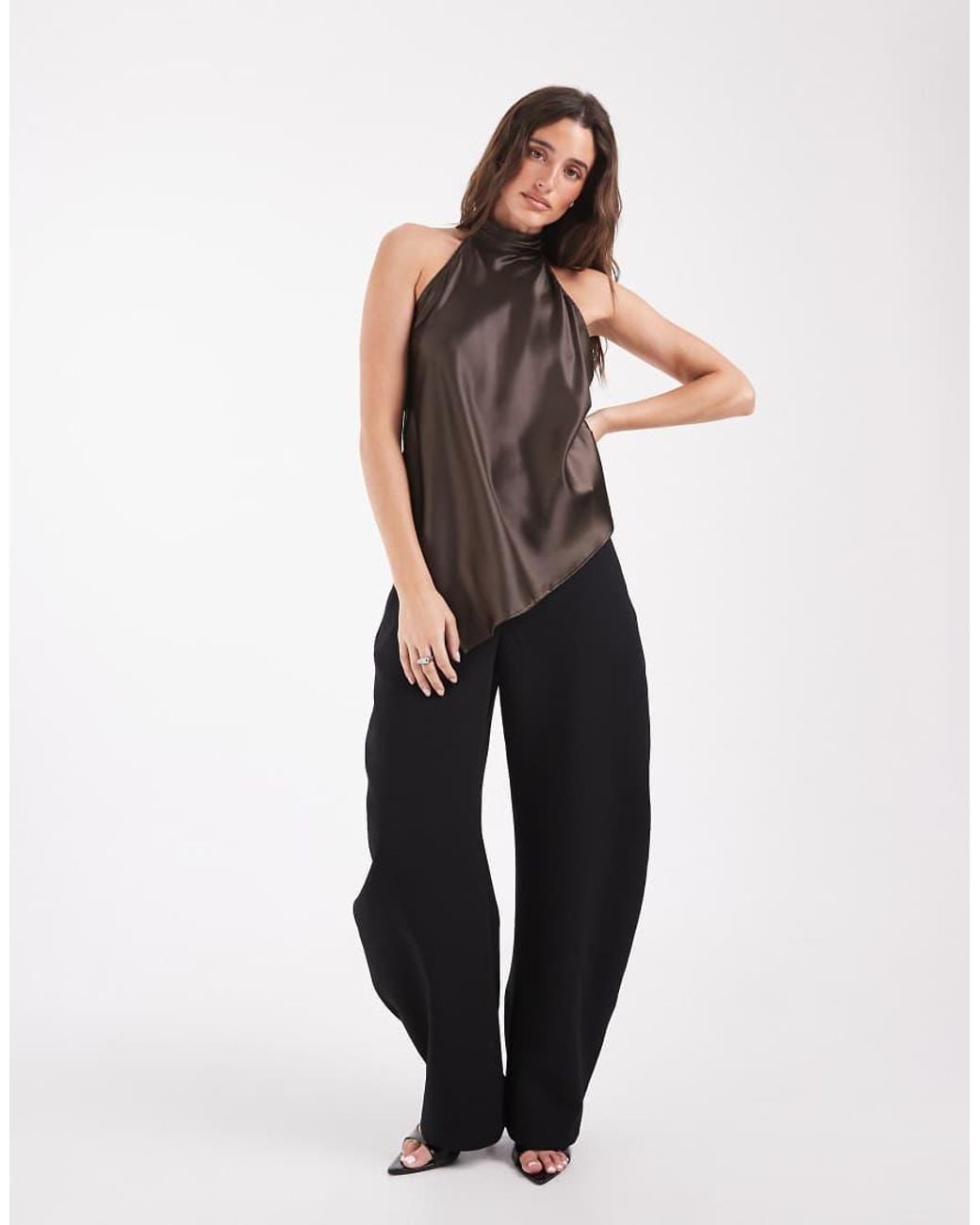 Pieces Black Halter Neck Asymmetric Hem Satin Top Co-ord