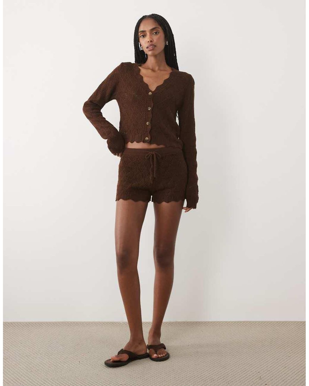 Miss Selfridge Brown Knitted Crochet V-neck Cardigan Co-ord