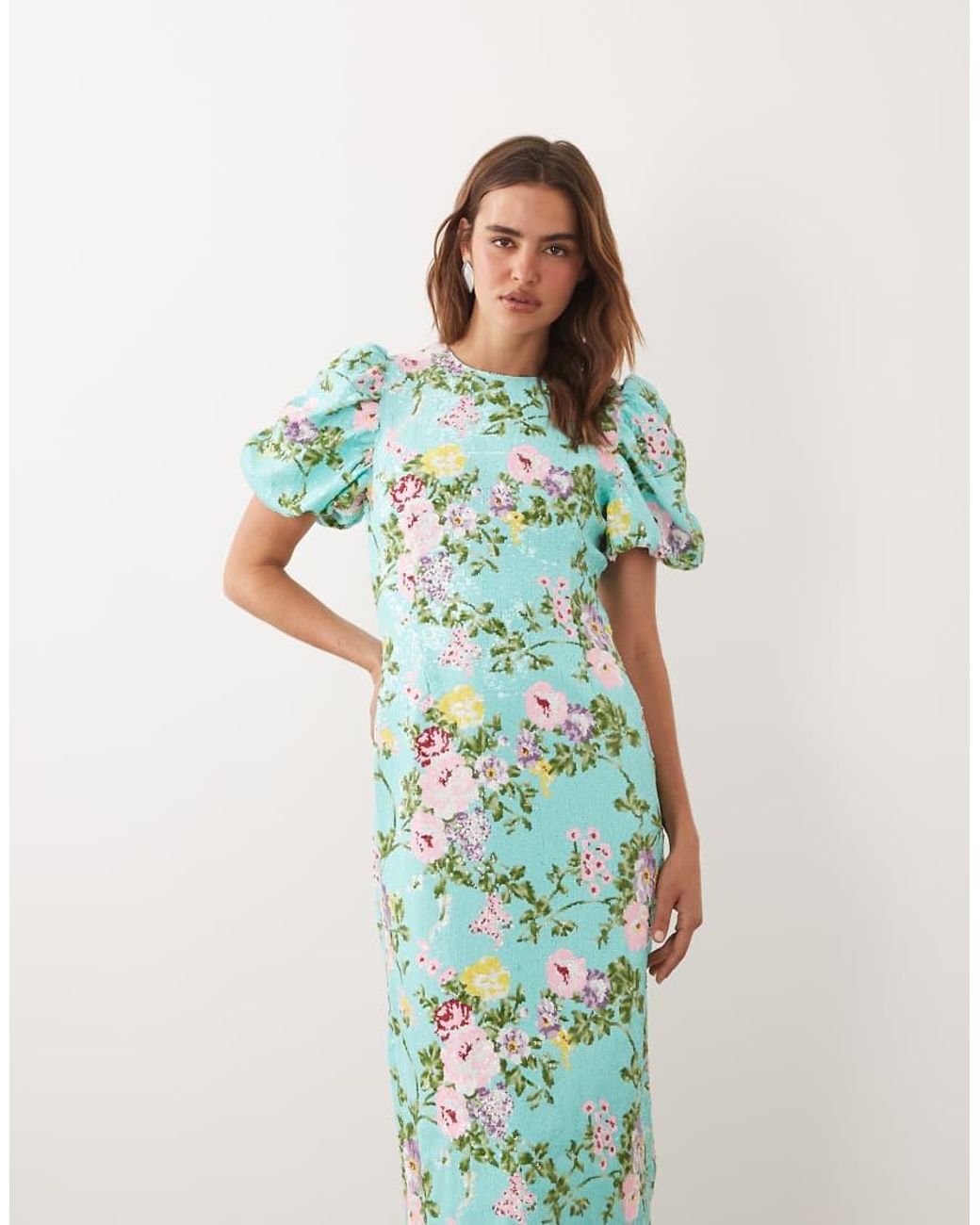 Sister Jane Green Dream Stella Sequin Embellished Puff Sleeve Round Neck Maxi Dress