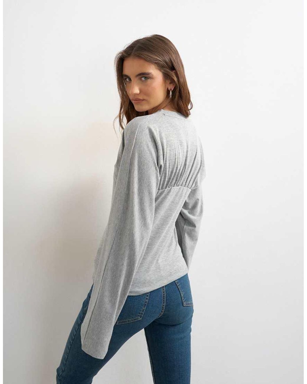 TOPSHOP Gray Gather Yoke Seam Long Sleeve Top
