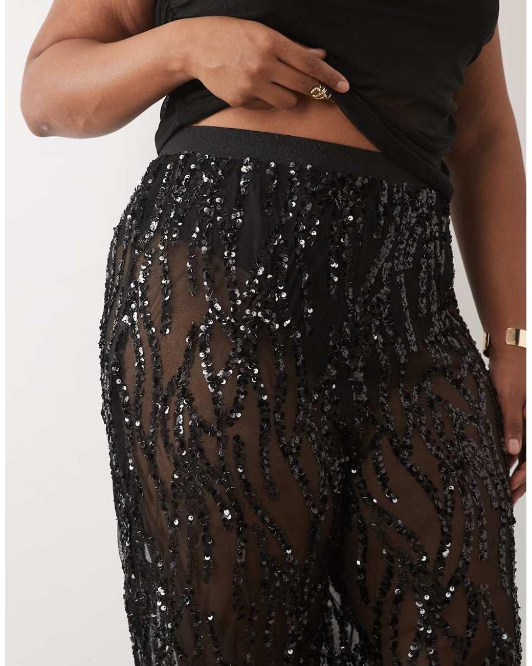 Tfnc Plus Black Sequin Mesh Wide Leg Trousers