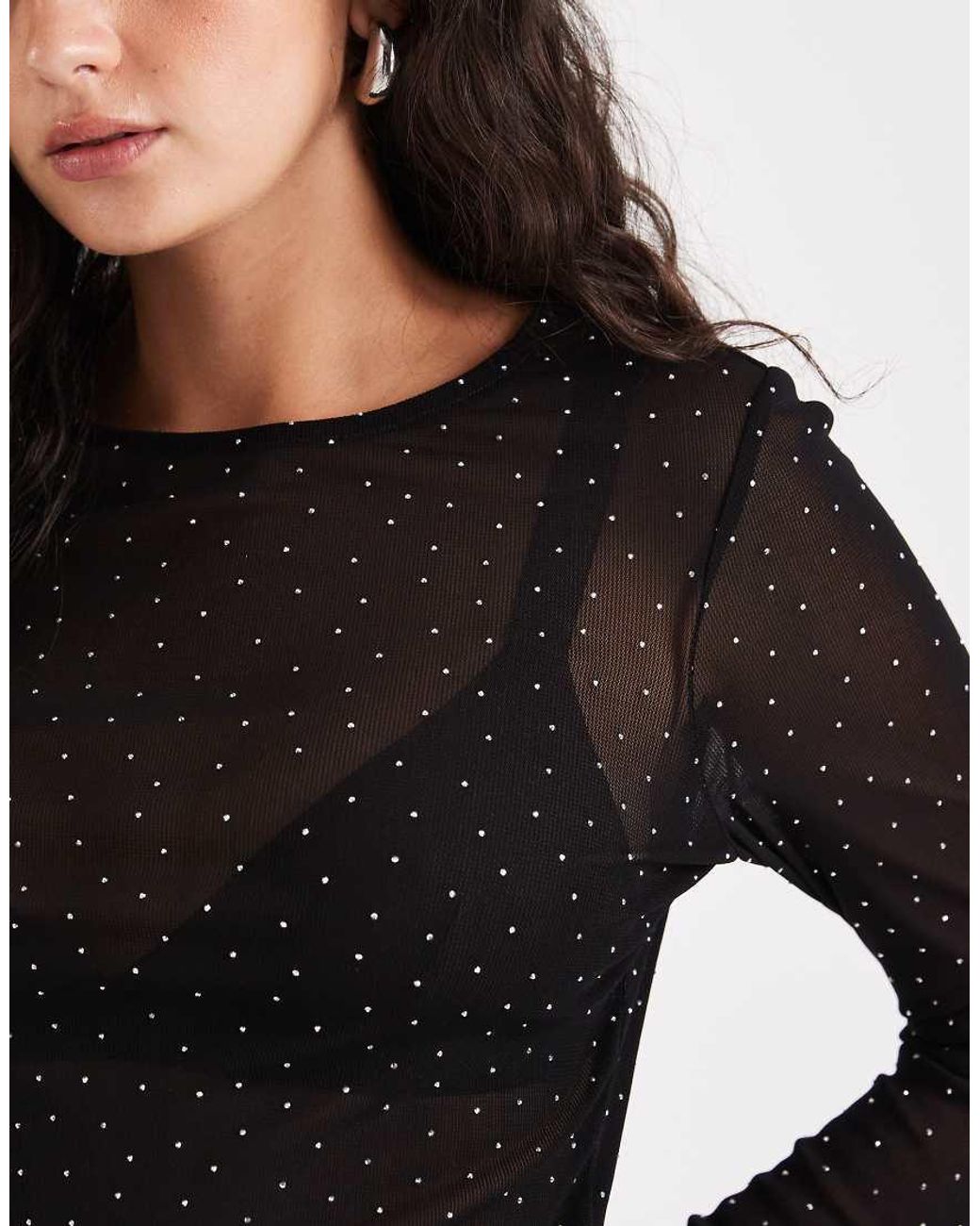 ASOS Black Textured Mesh Hotfix Long Sleeve Top