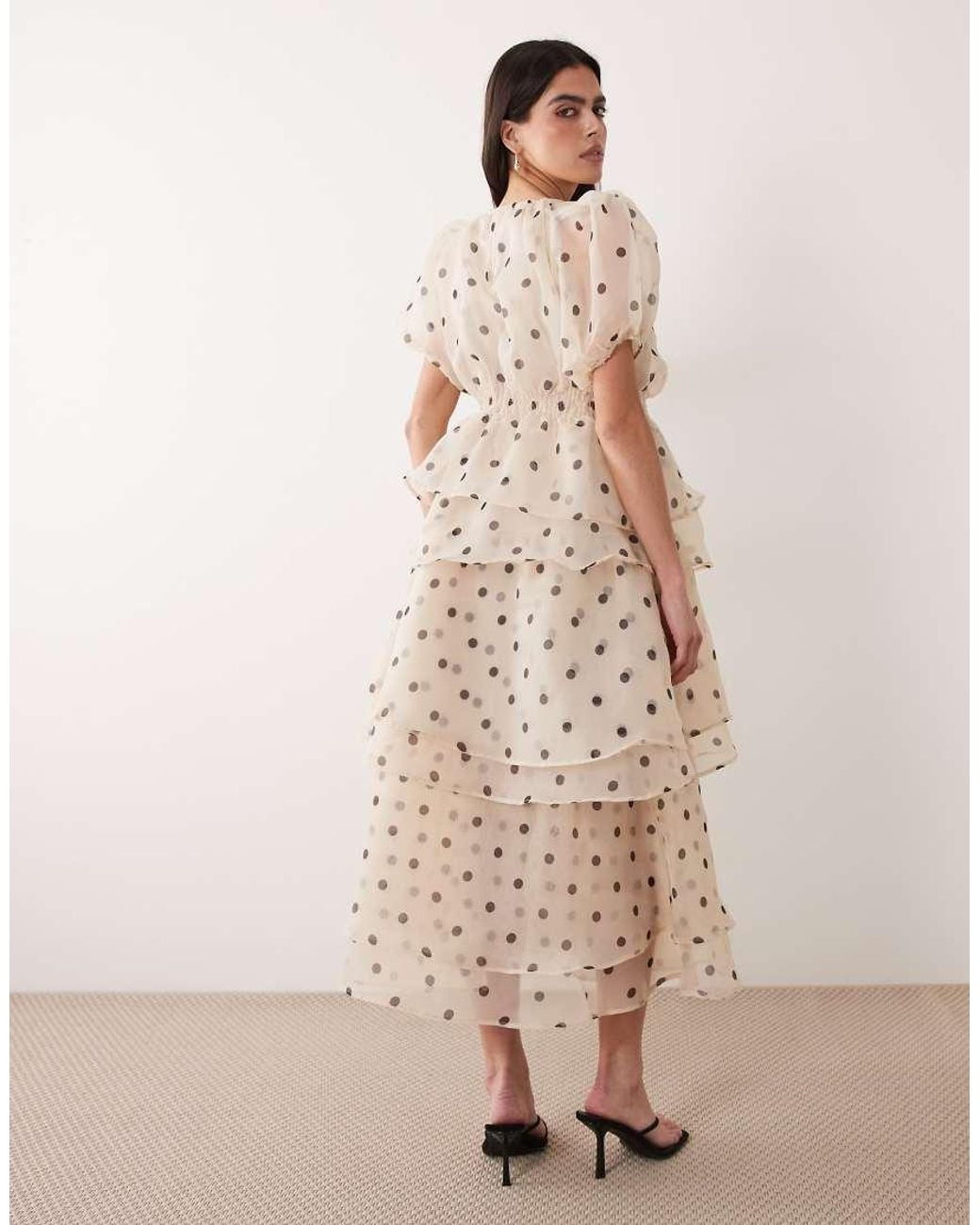 Vila Natural Polka Dot Volume Sleeve Ruffle Midi Dress
