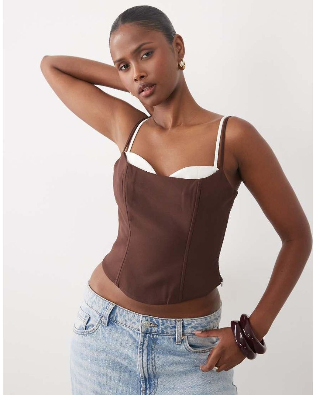 The Frolic Brown Exclusive Contrast Trim Cami Corset Top