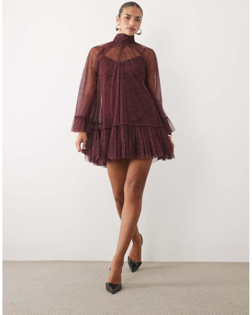 LACE & BEADS Red Lace & Bead Sheer Tulle High Neck Bell Sleeve Mini Dress