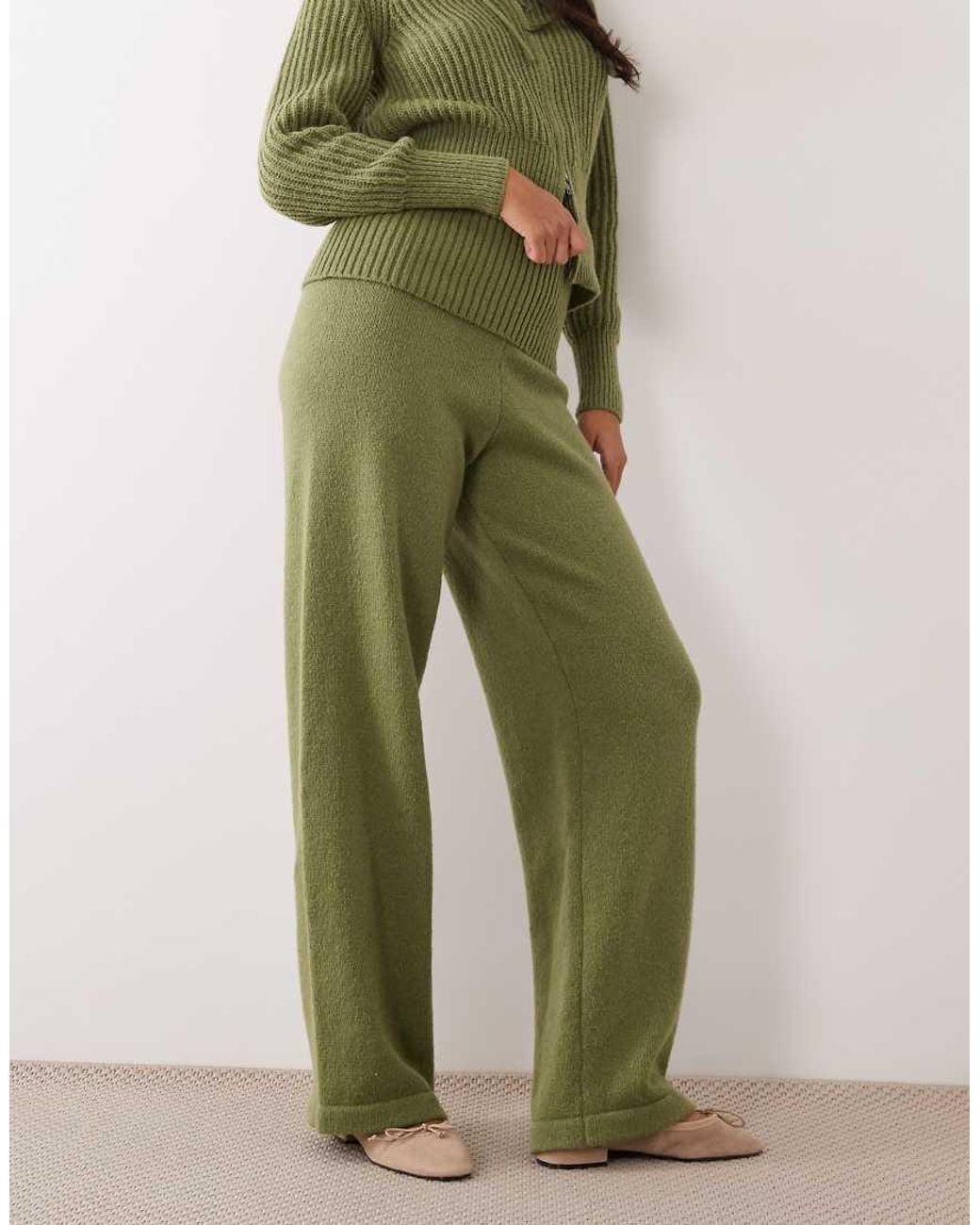 Aria Cove Green High Waisted Fine Knit Wide Leg Pants Co-ord