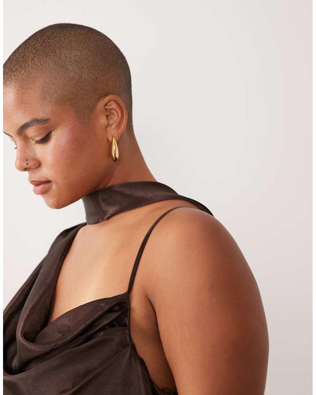Tfnc Plus Brown One Shoulder Satin Cowl Detail Maxi Dress