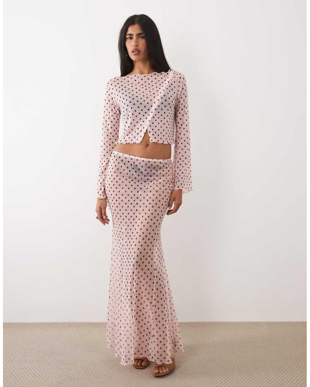 ASOS Pink Co-Ord Printed Mesh Angel Sleeve Button Through Top