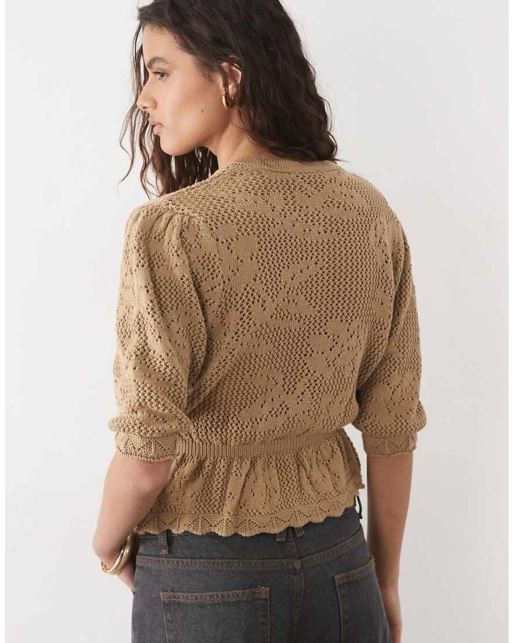 Miss Selfridge Natural Floral Knitted Cardigan With Peplum Hem