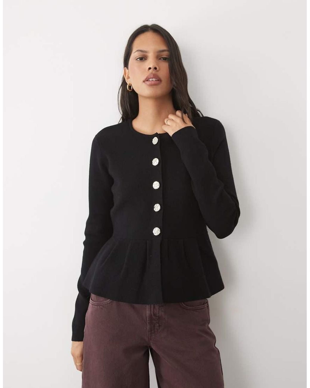 Threadbare Black Crew Neck Peplum Cardigan With Buttons
