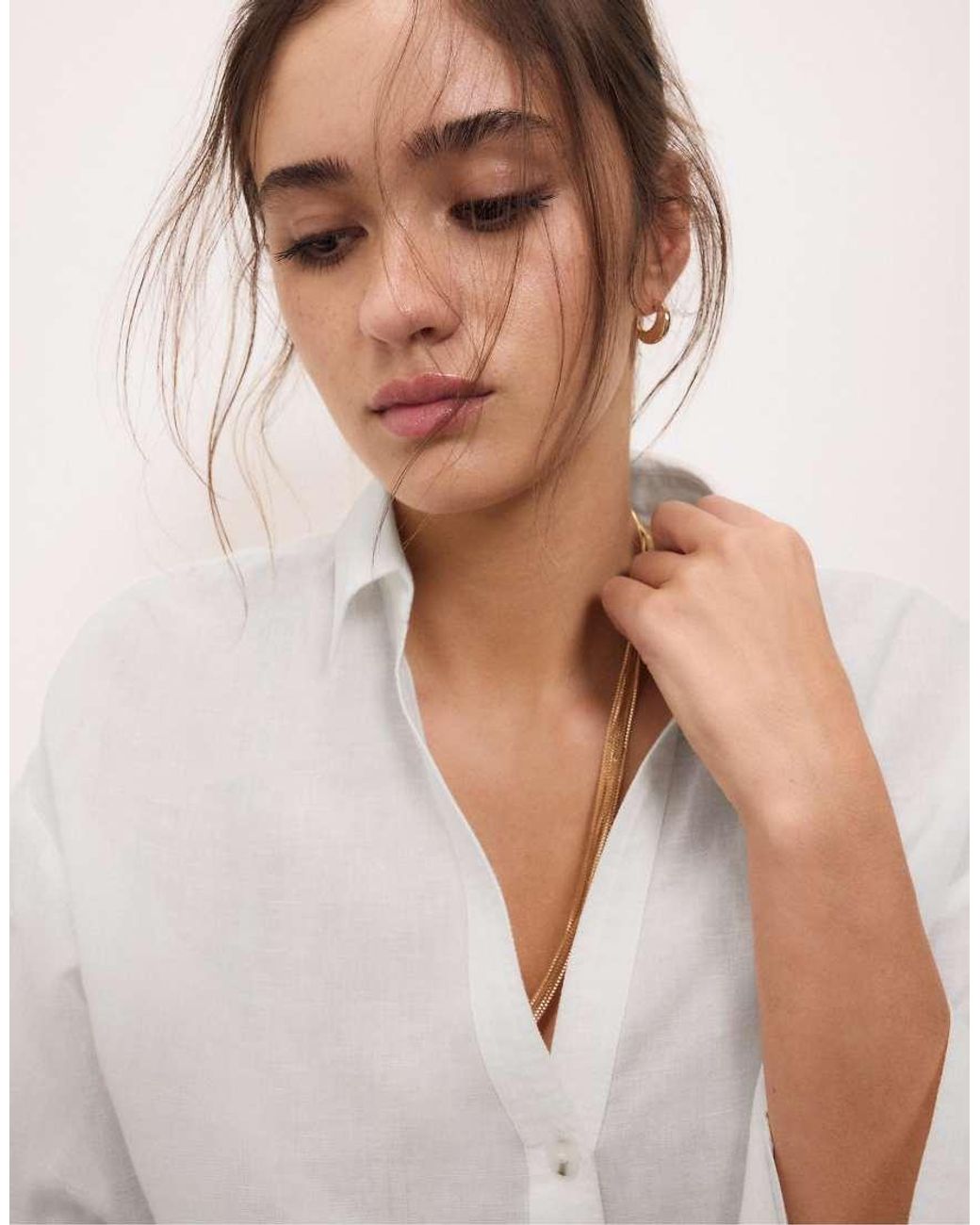 Stradivarius White Linen Blend Kimono Sleeve Shirt