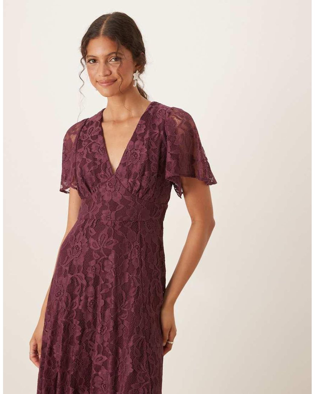 Maya Purple Lace V Neck Angel Sleeve Maxi Dress