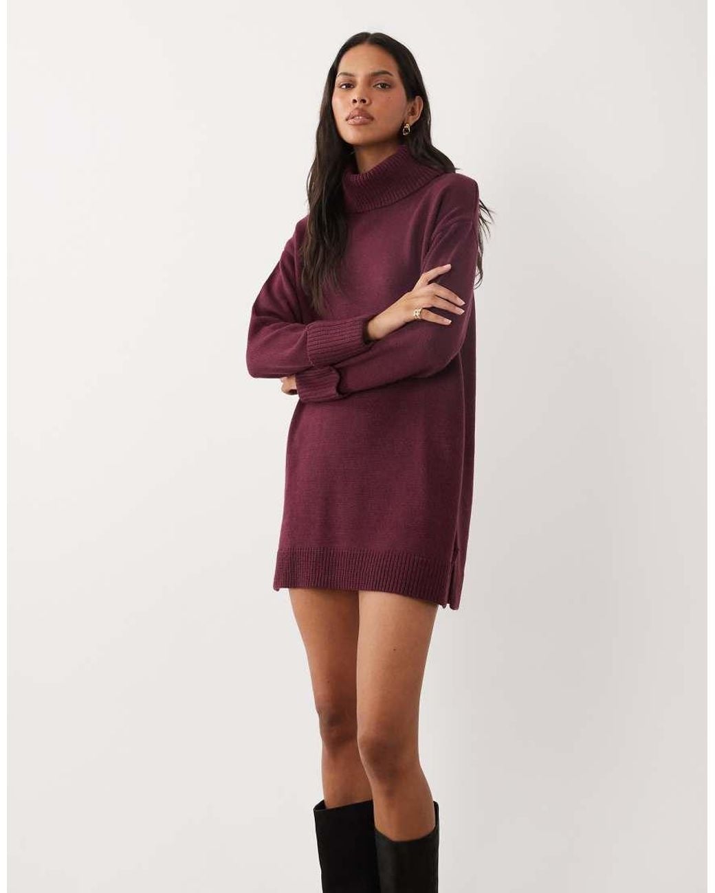 Brave Soul Purple Knitted Roll Neck Mini Dress