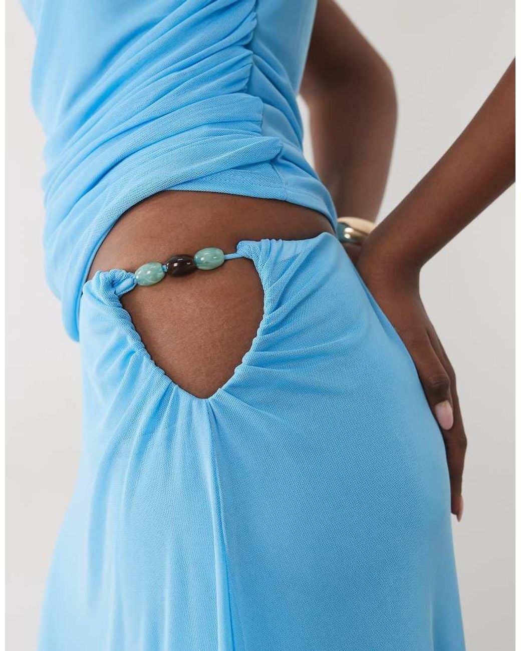 ASOS Blue Co-ord Mesh Asymmetric Midi Skirt With Beaded Trim