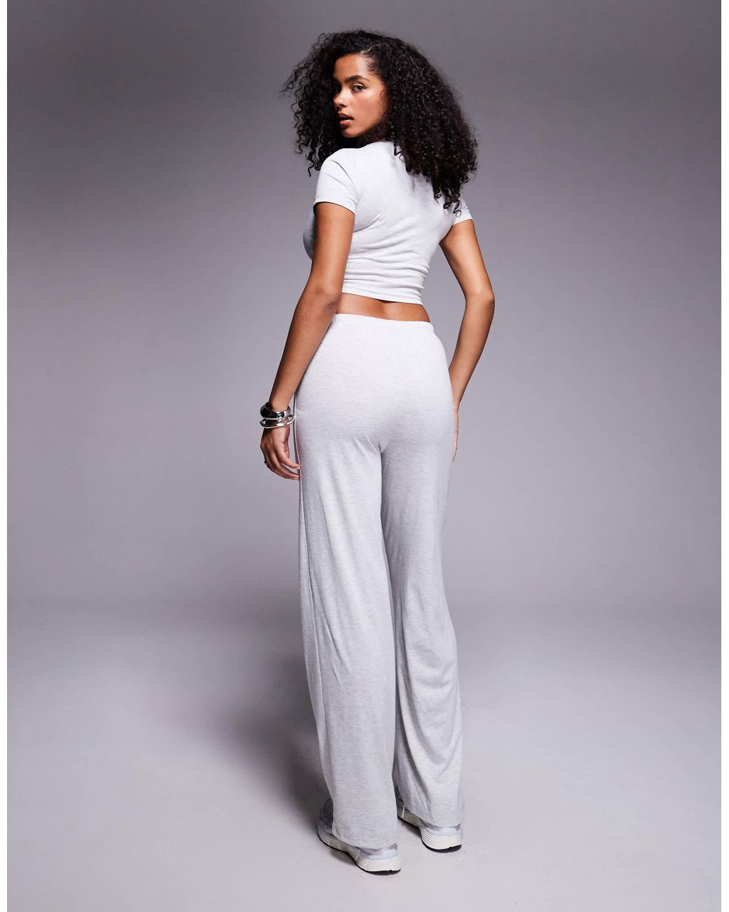 Princess Polly Gray – midvale – set mit hochgeschlossenem cropped-t-shirt und hose mit weitem bein aus feinstrick