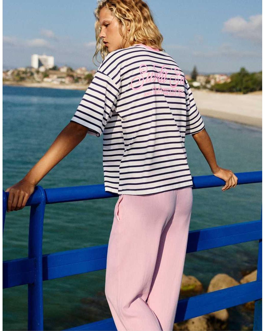 Pull&Bear Blue Striped Ribbed Text T-shirt