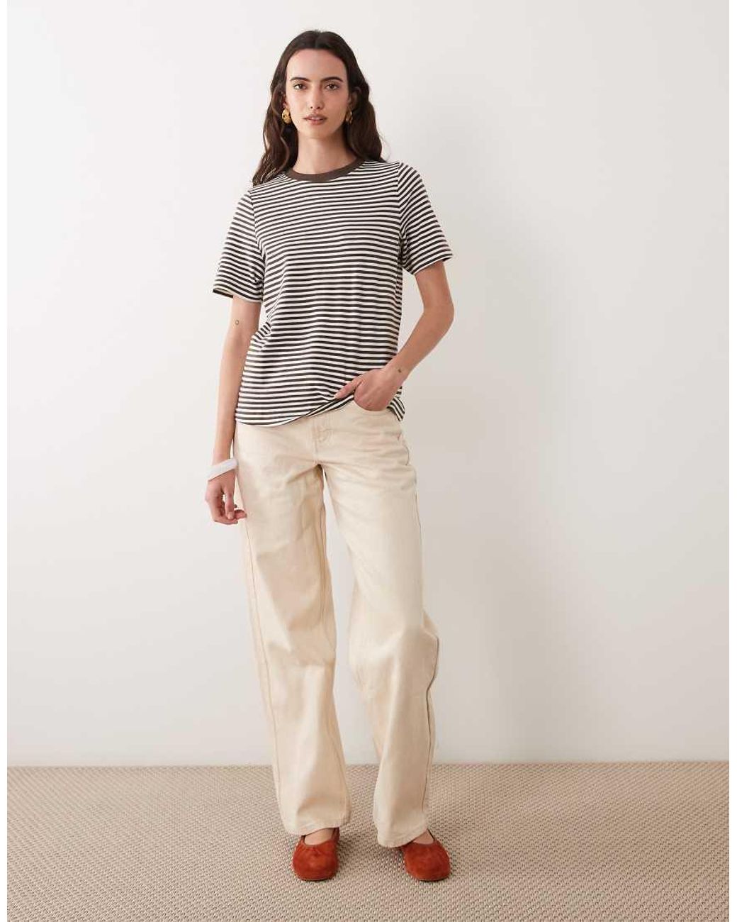 New Look Brown Premium Striped Girlfriend T-shirt Tee