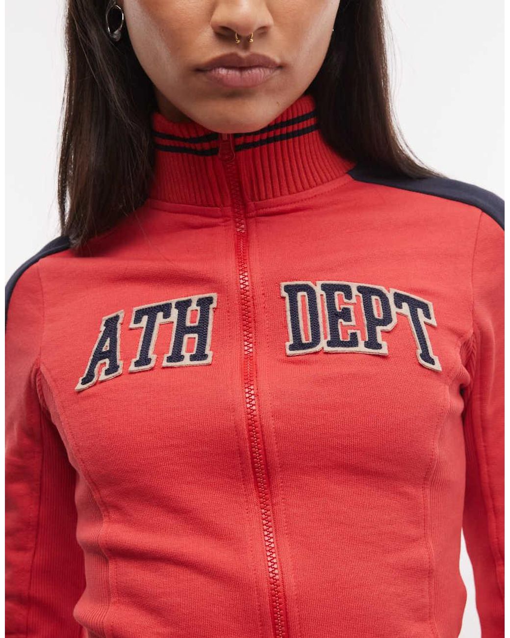 Collusion Red Long Sleeve Track Top With Varsity Embroidery