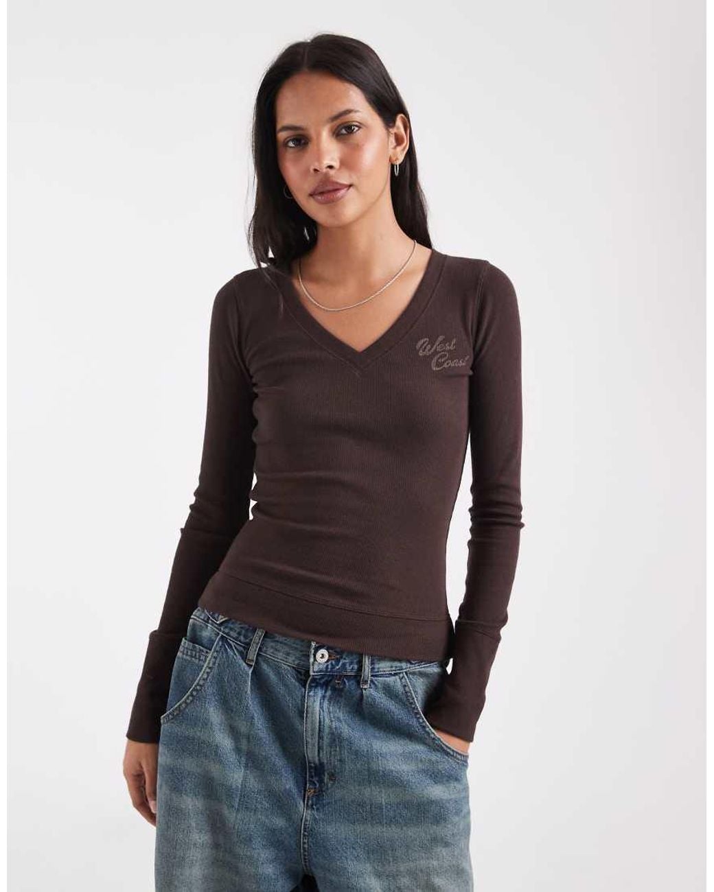 Hollister Blue Graphic Long Sleeve V Neck T-shirt