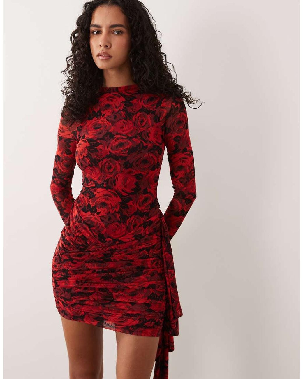 AFRM Red Mesh High Neck Long Sleeve Tie Detail Mini Dress