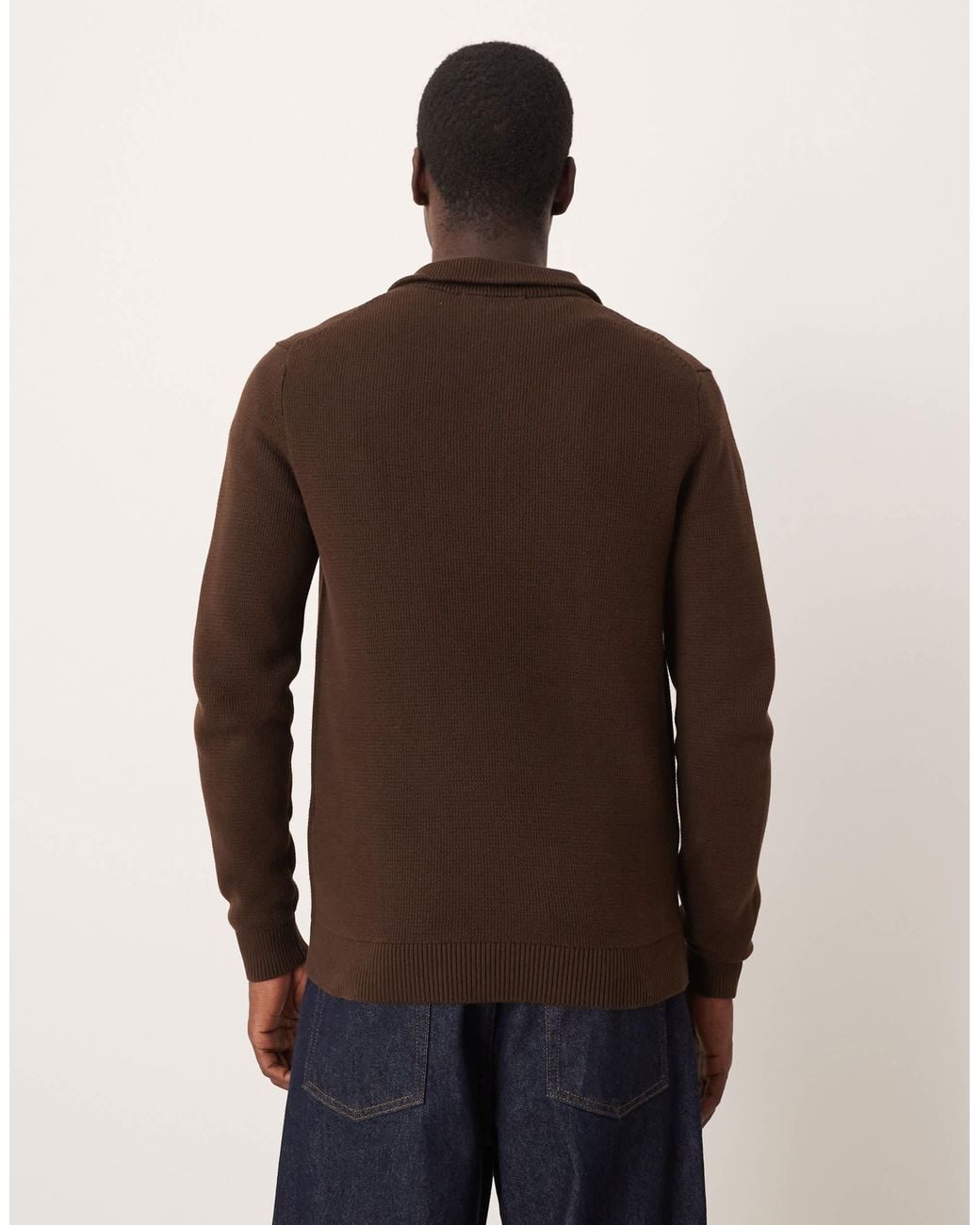 SELECTED Brown 100% Cotton Knitted Half Zip for men