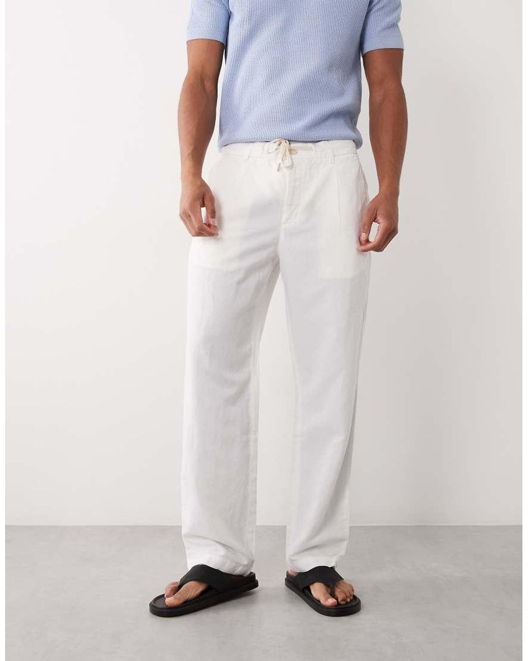 Mango White Linen Blend Straight Leg Draw String Trousers for men