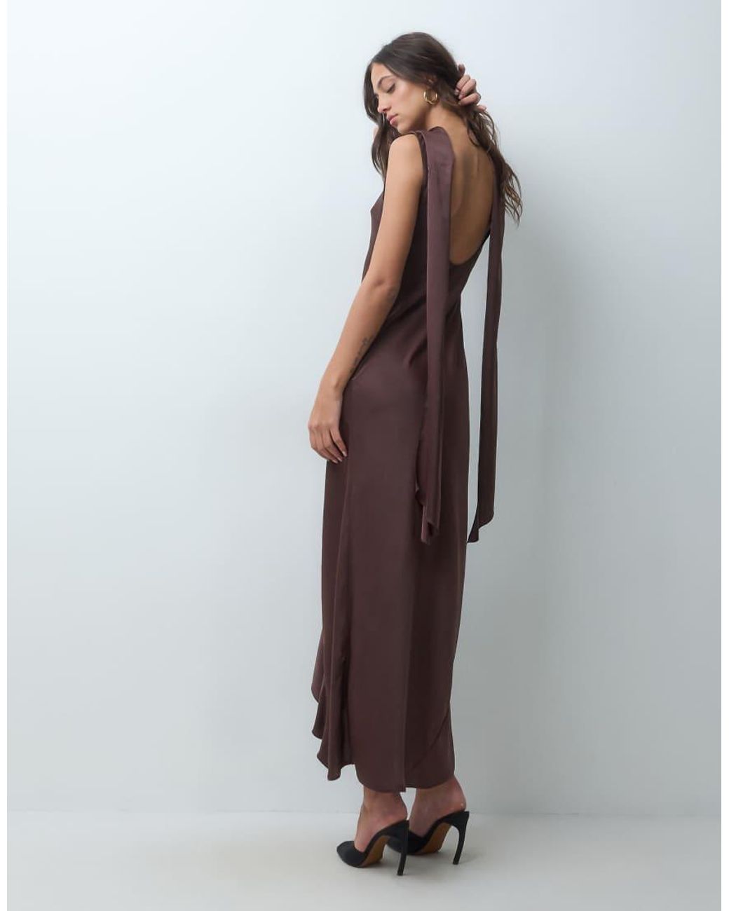 Miss Selfridge Brown Scarf Detail Ruffle Maxi Dress