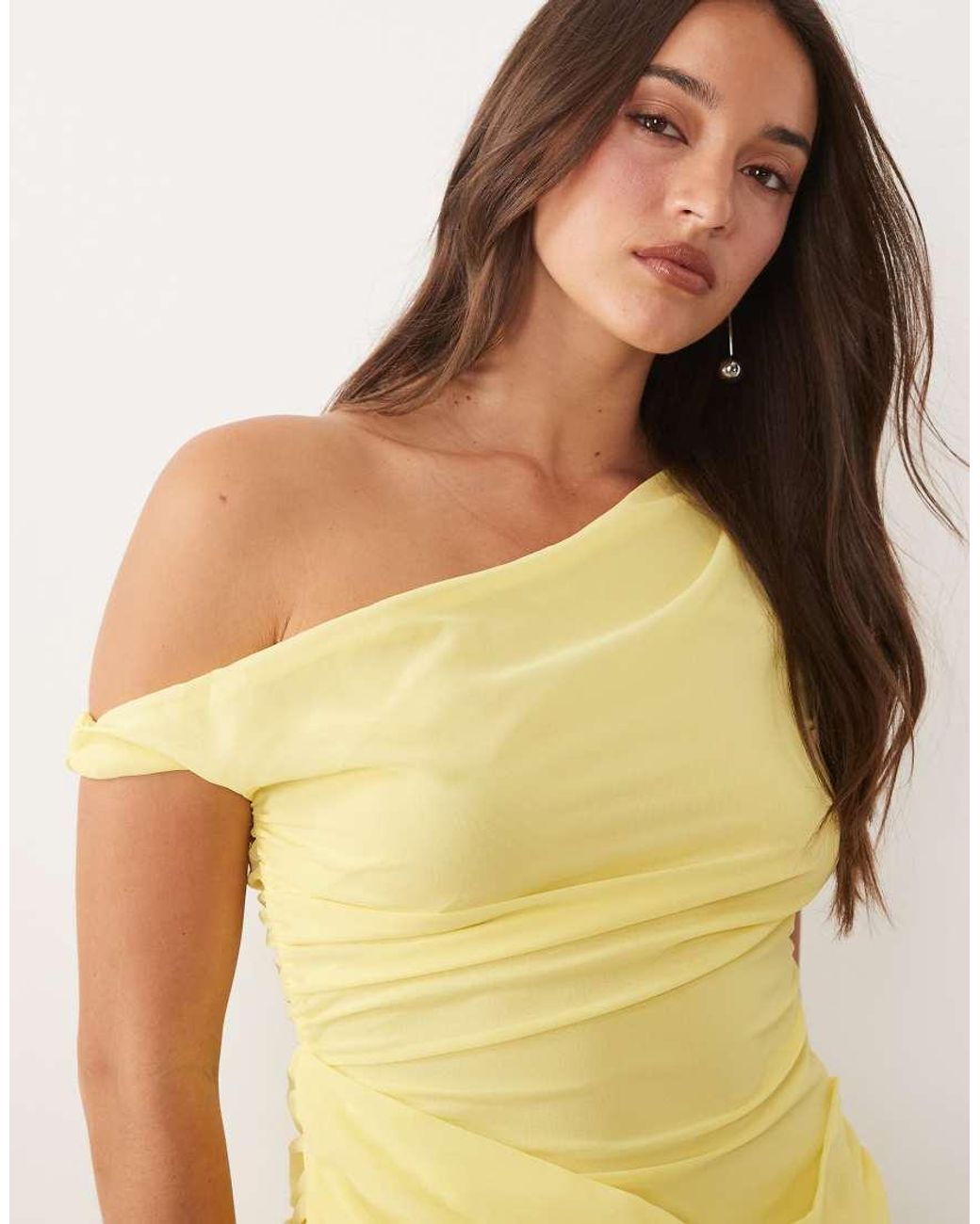 Missy Empire Yellow Mesh Overlay Asymmetric Shoulder Drape Ruched Detail Mini Dress