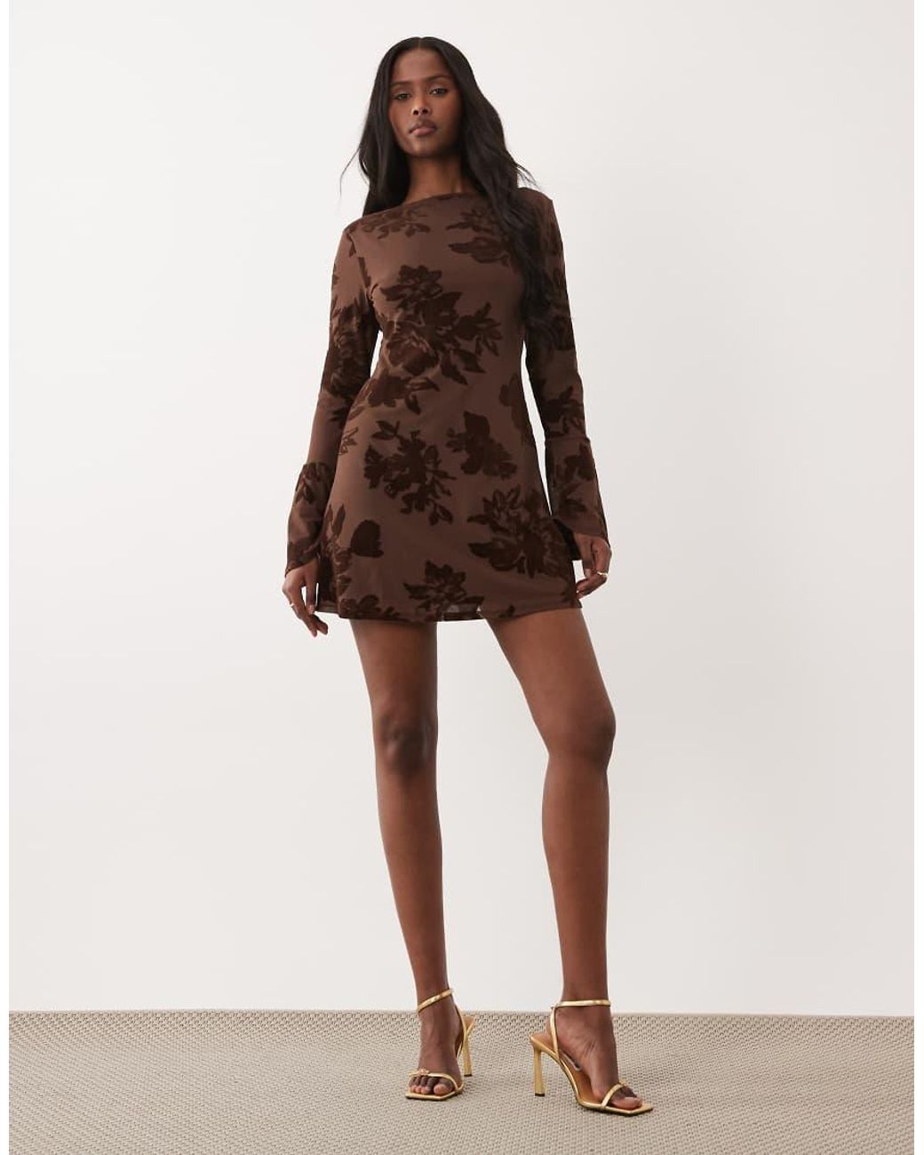 ASOS Orange Flocked Floral Mini Dress With Flute Sleeve