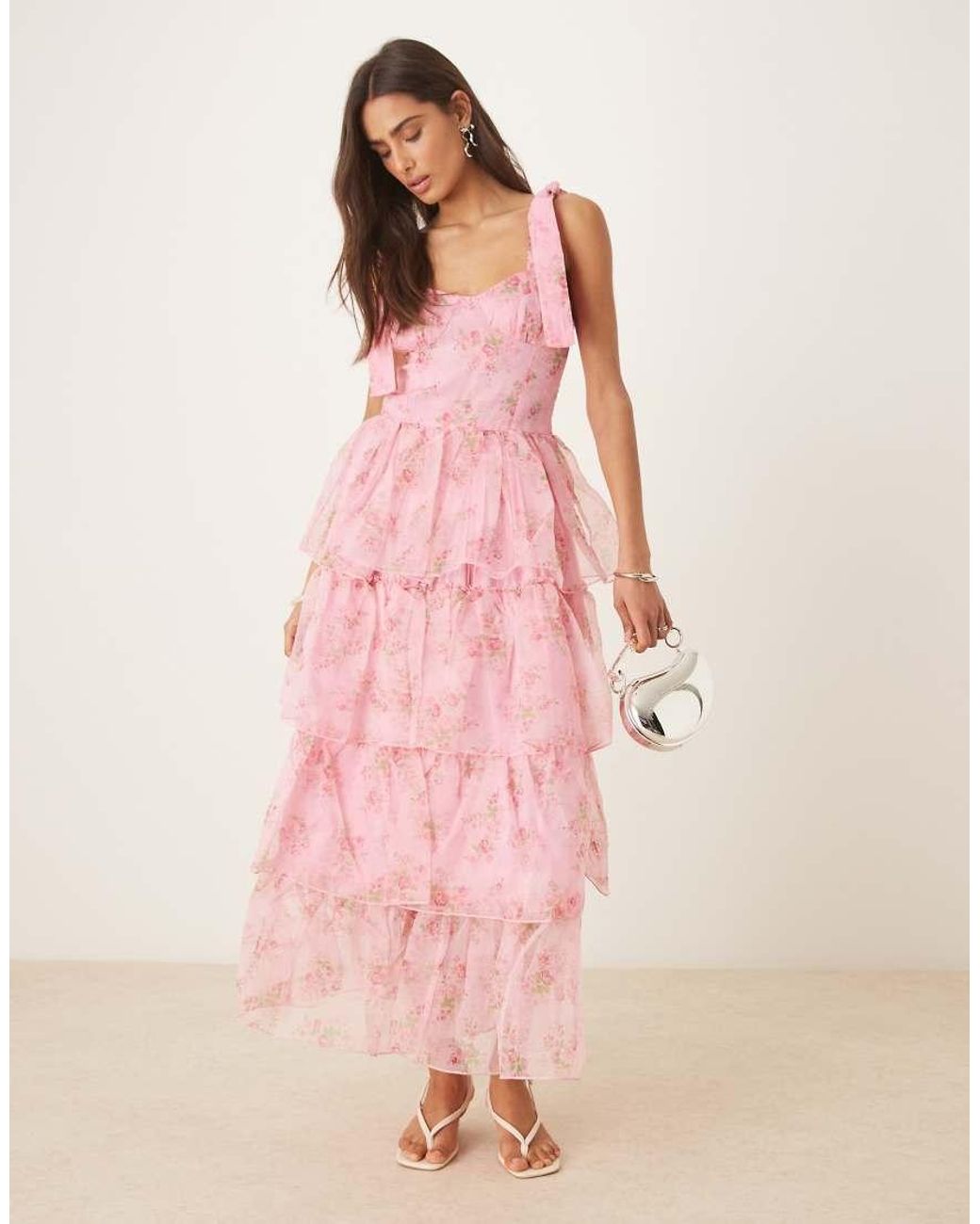 Amy Jane London Pink Florence Tie Shoulder Tiered Maxi Dress