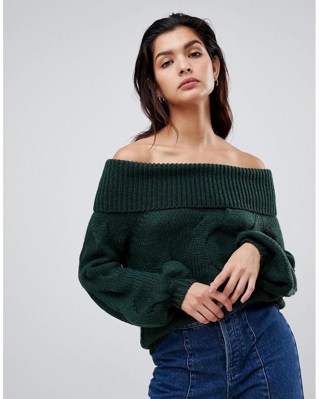 Vila Chunky Cable Knit Off Shoulder Sweater in Green Lyst