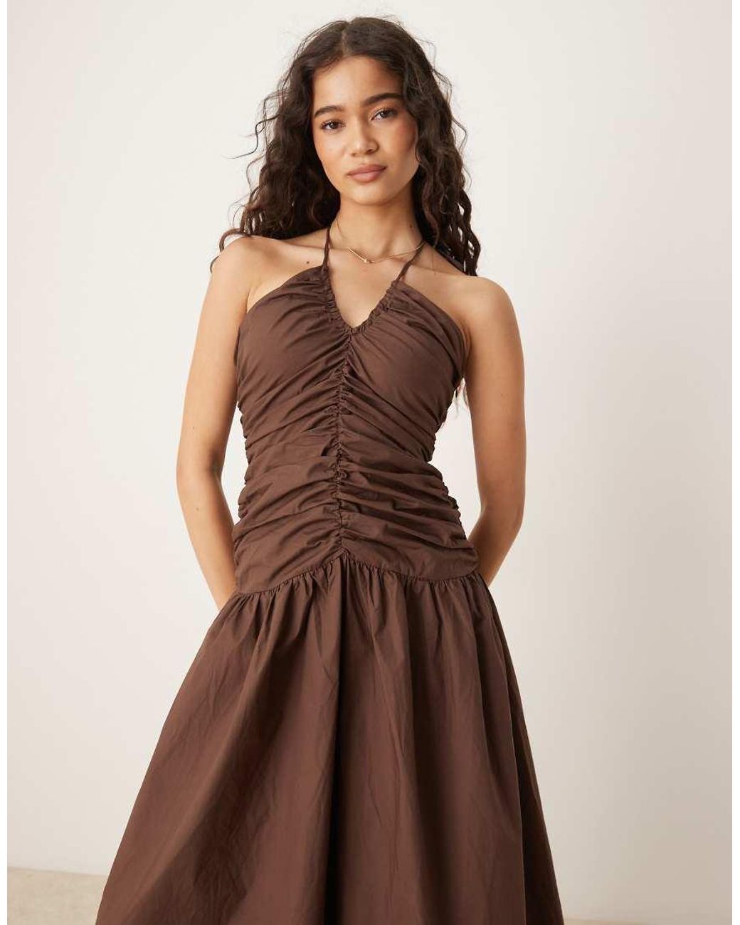 Glamorous Brown V Neck Midi Dress