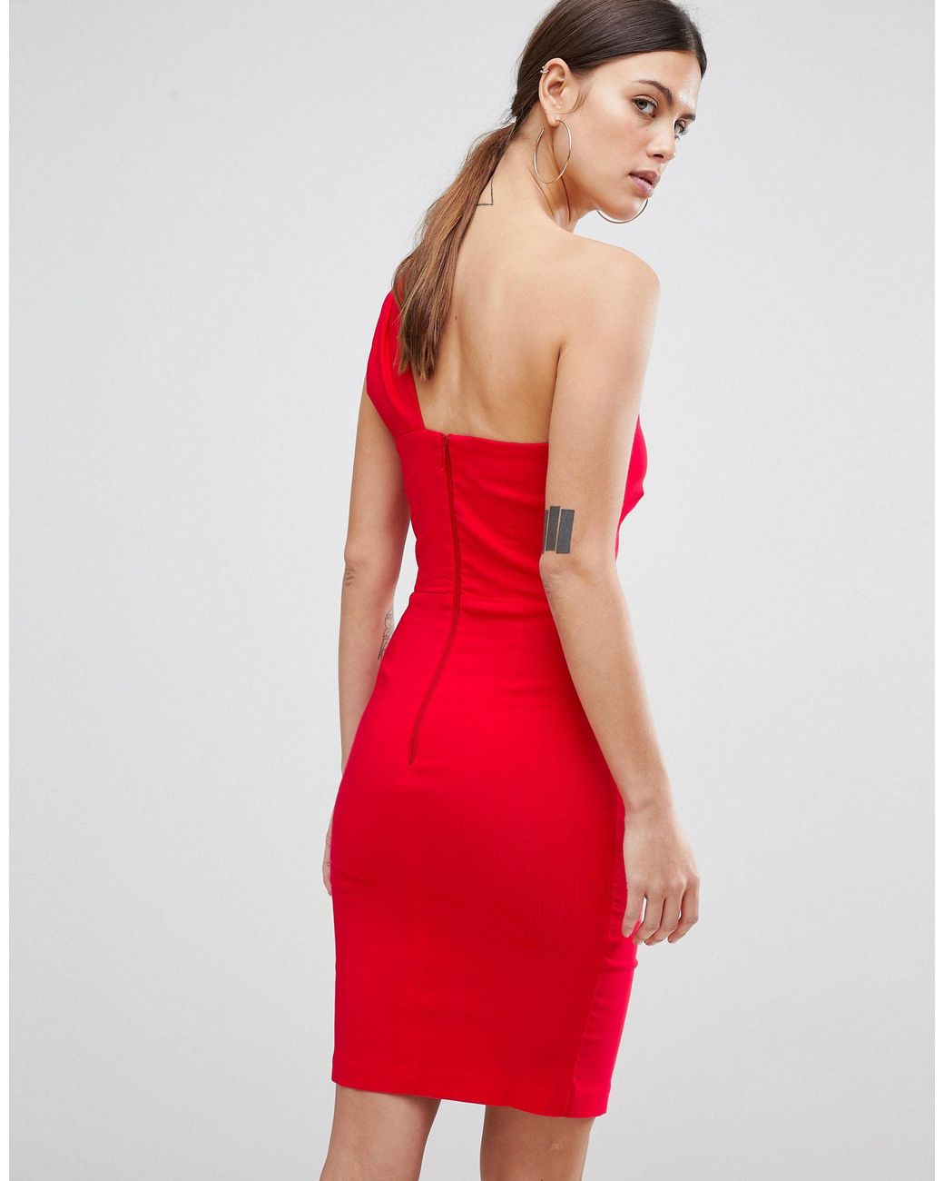 Vesper One Shoulder Split Pencil Dress in Red | Lyst