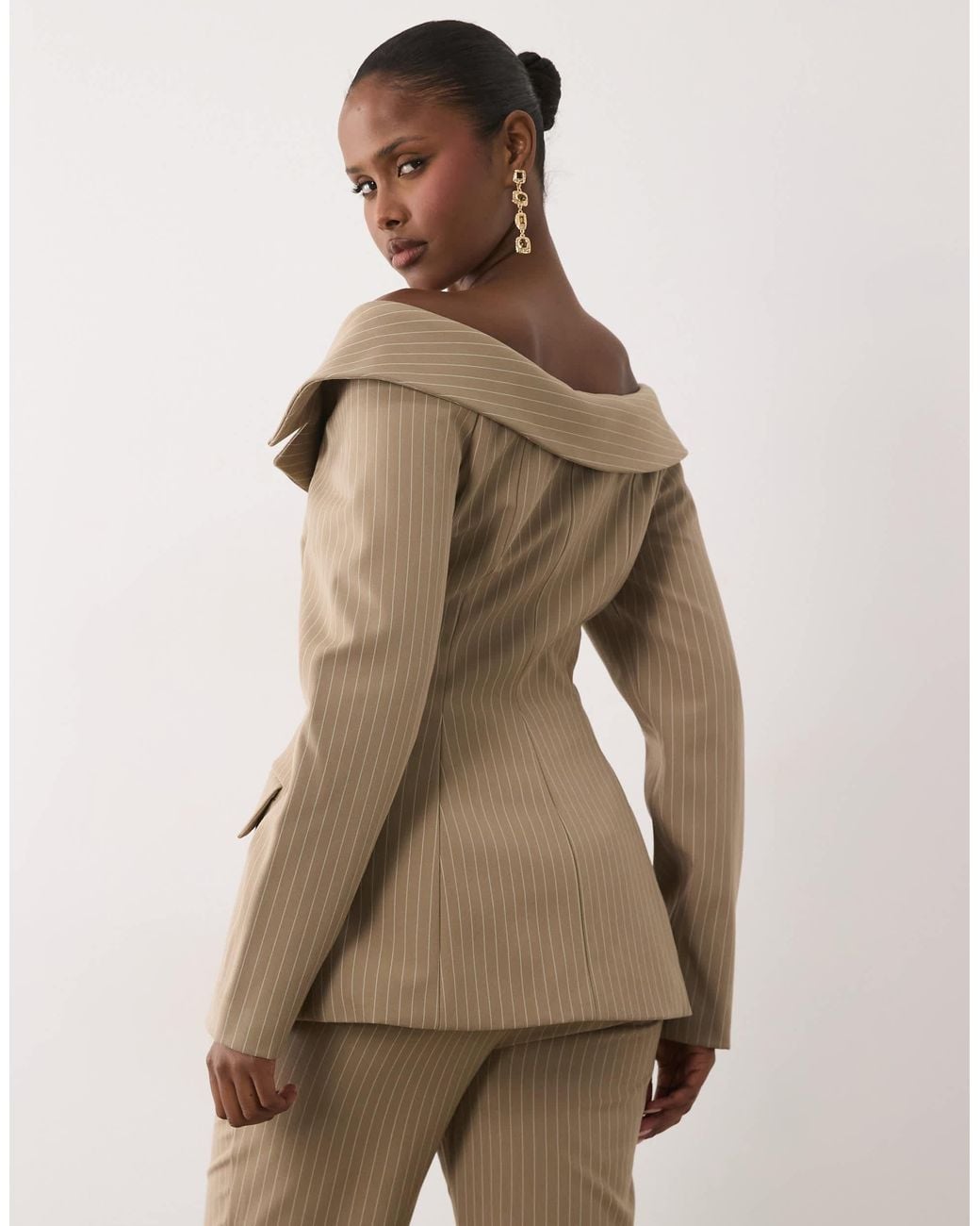 ASOS Natural Set Pinstripe Off Shoulder Long Sleeve Button Through Blazer