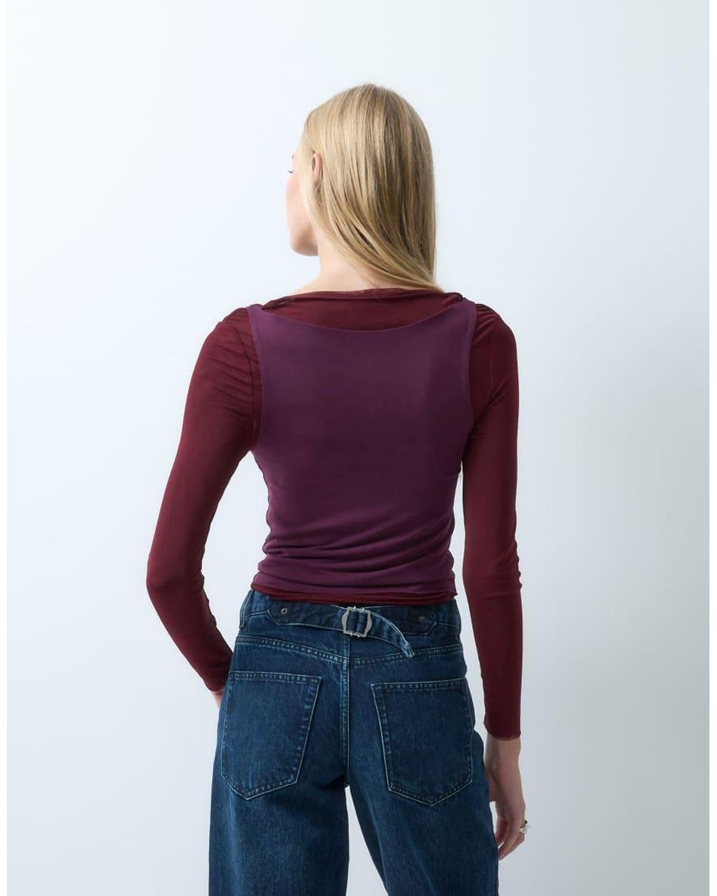 House Of Sunny Purple Double Layer Long Sleeve Mesh Top