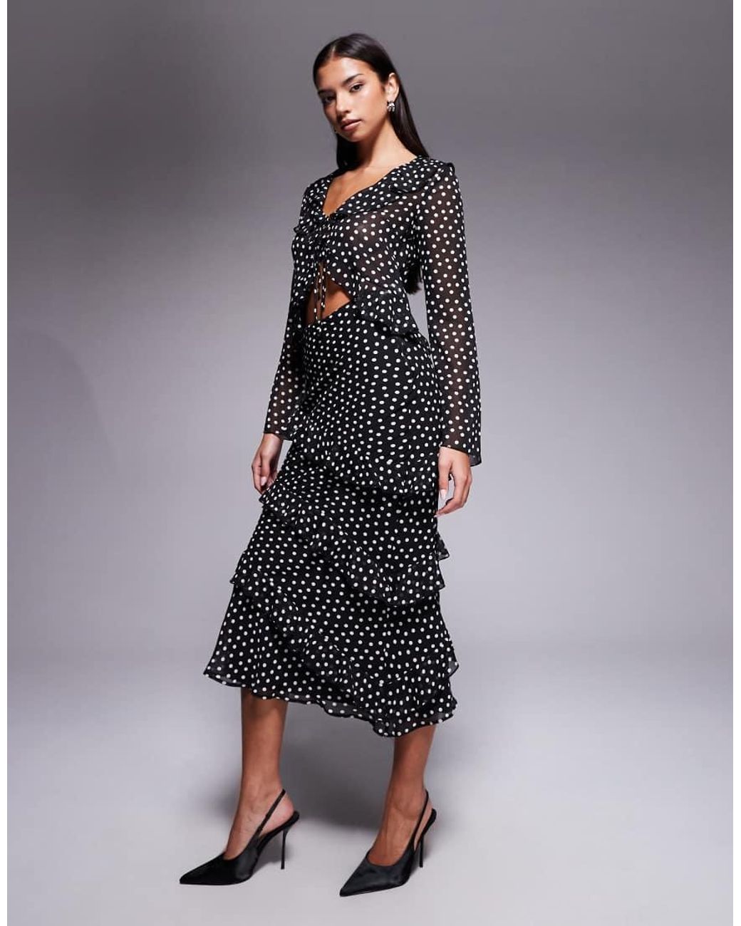 New Look Blue Co-ord Polka Dot Ruffle Chiffon Midi Skirt