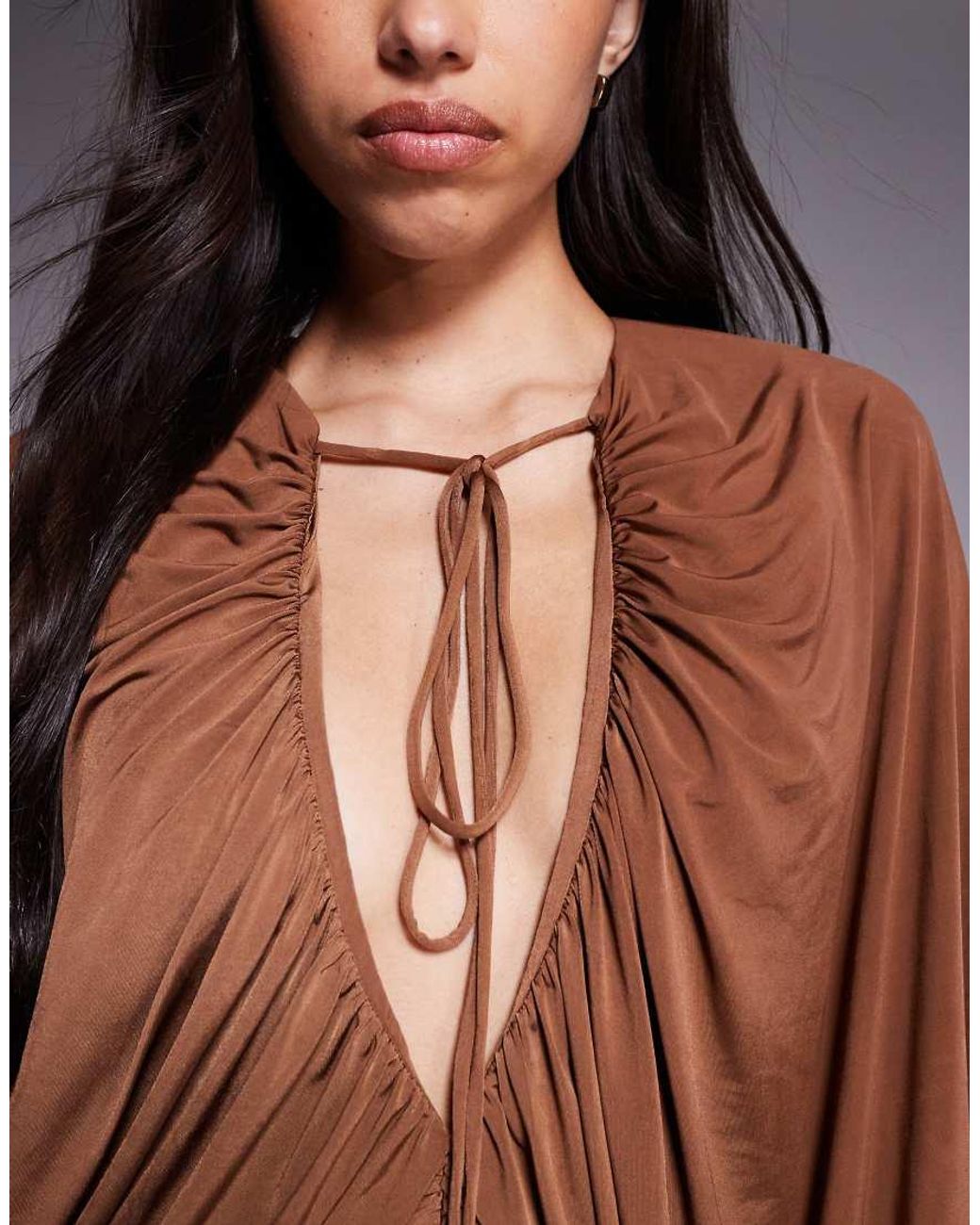 ASOS Brown Slinky Winged Sleeve Ruched Maxi Dress