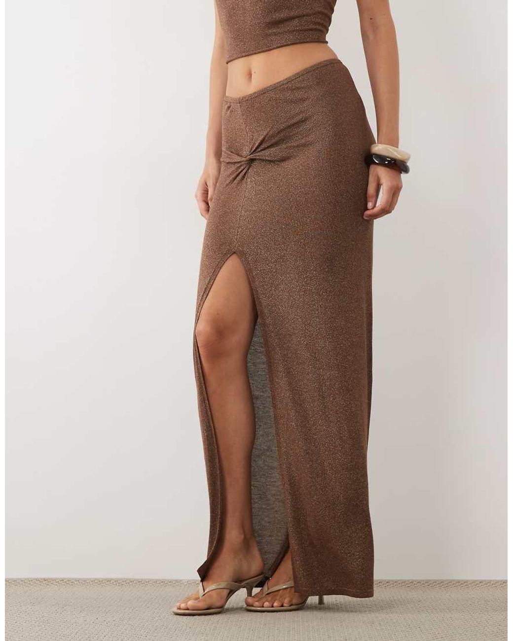 Miss Selfridge Natural Glitter Knit Twist Detail Maxi Skirt