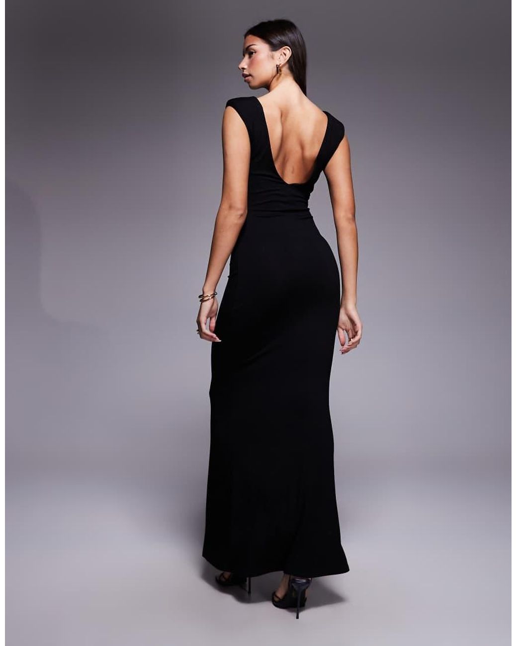 ASOS Blue Slash Neck Shoulder Pad Maxi Dress With Plunge Back