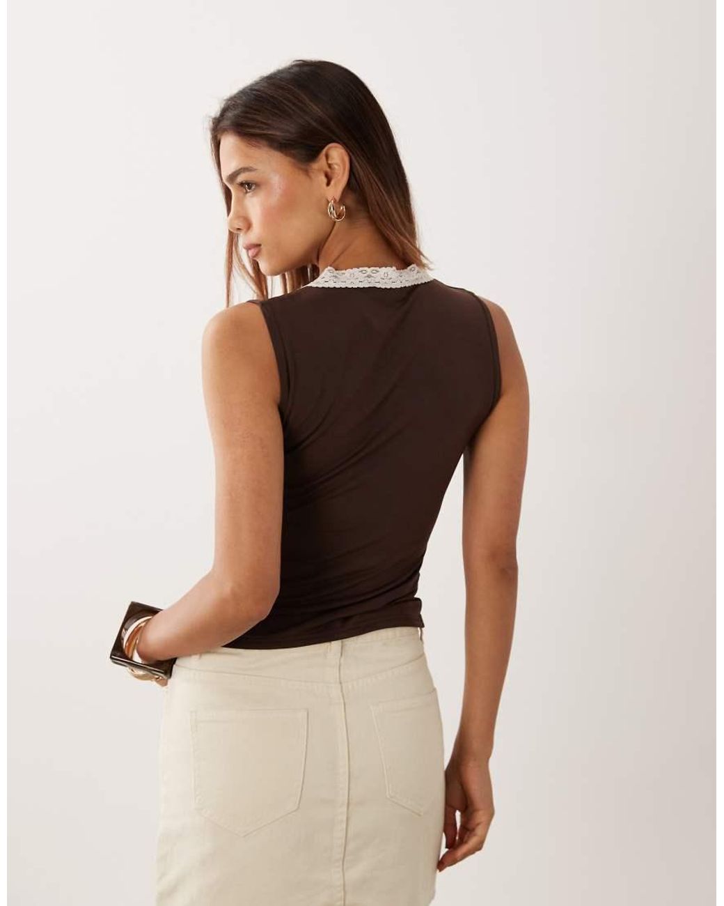 Miss Selfridge Natural Lace Trim Tank Top With Bow